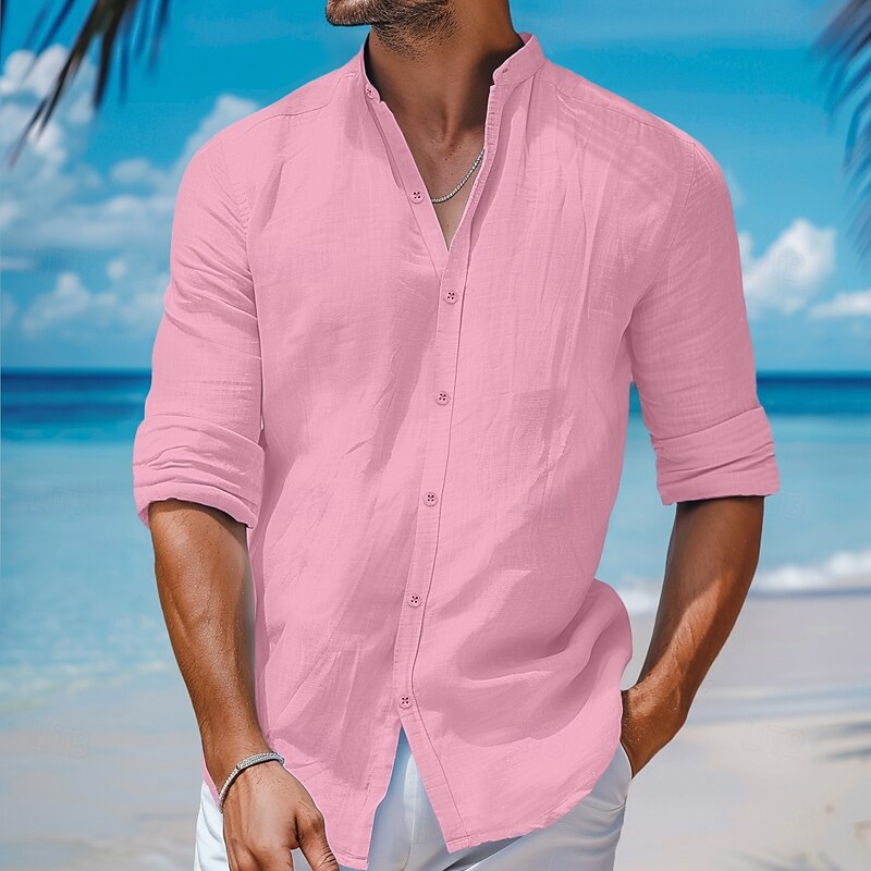 Men's Shirt Summer Shirt Beach Shirt Band Collar Shirt Button Up Shirt Plain Vacation Curise White Pink Navy Blue Blue Long Sleeve Band Collar Spring & Summer Clothing Apparel3