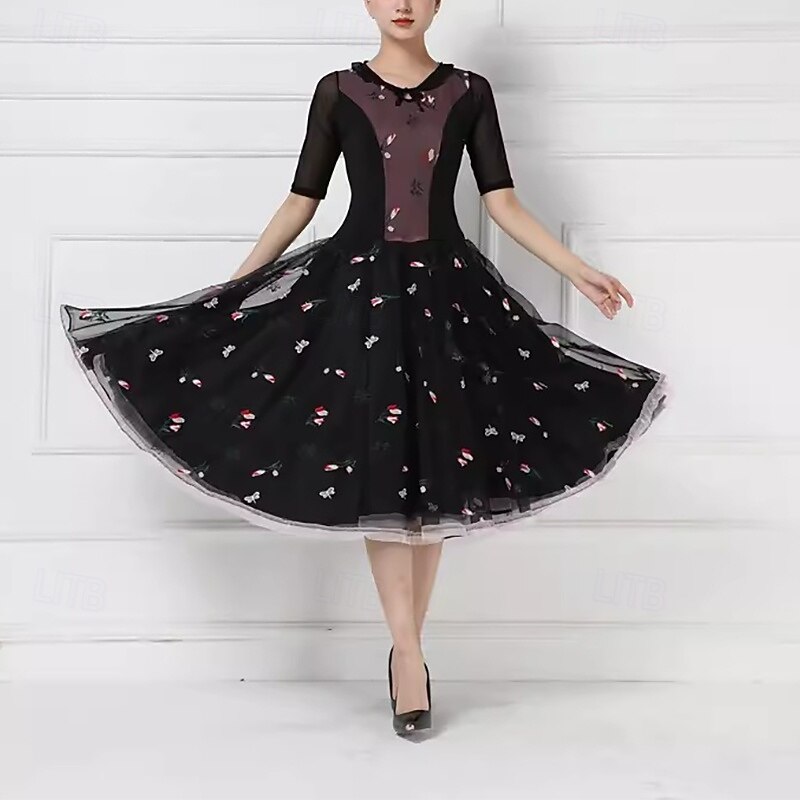 Ballroom Dance Dress Embroidery Splicing Women's Performance Party Short Sleeve Crystal Cotton Mesh4