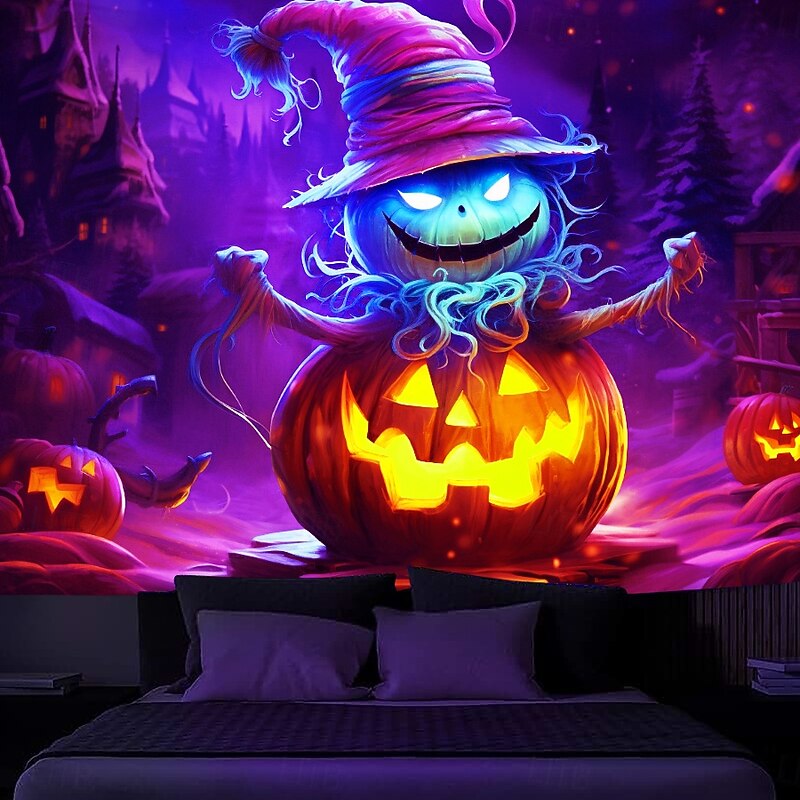 Halloween Decorations Blacklight Tapestry Jack O Lantern UV Reactive Glow in the Dark Glow Party Psychedelic Trippy Misty Hanging Tapestry Wall Art Mural for Living Room Bedroom4