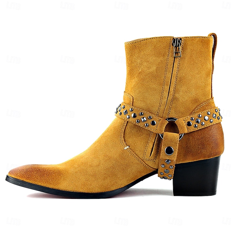 Men's Tan Suede Leather Motorcycle Boots with Studded Strap and Zipper Closure - Stylish Western-Inspired Biker Boots2