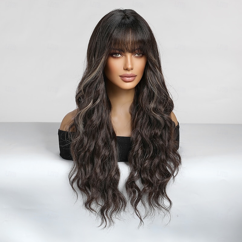 Synthetic Wig Curly Wavy Neat Bang With Bangs Wig 26 inch Dark Brown Synthetic Hair Women's Ombre Hair Comfy With Bangs Light Brown3