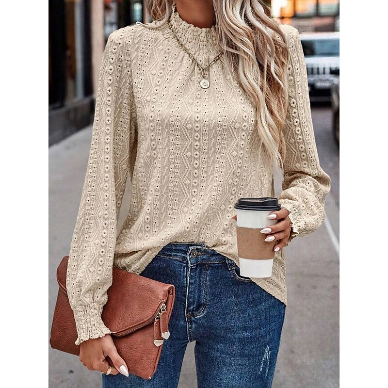 Women's Elegant Lace Tops Eyelet Blouse Casual Lace Long Sleeve Regular Tops Turtleneck Daily Romantic Petite Tops Summer Holiday Wear Black Blue Green Beige Spring Fall2