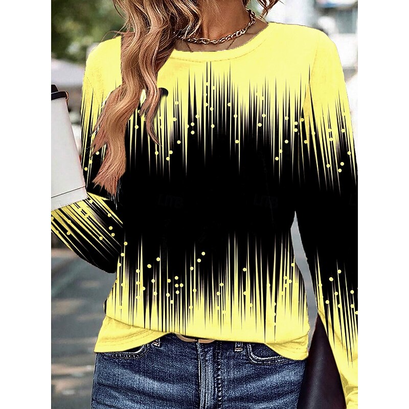 Women's T shirt Crew Neck Long Sleeve Tunic Casual Print Regular Tops Daily Yellow Light Blue Spring Fall3