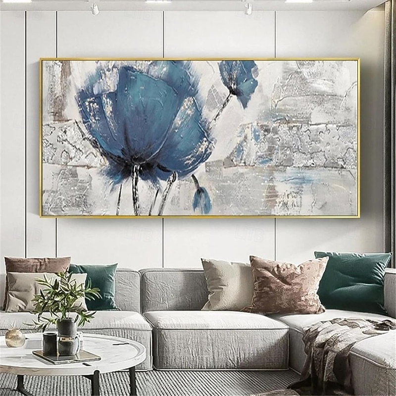 Handmade Oil Painting Canvas Wall Art Decoration Modern Abstract Texture Big Blue Rose Flower for Living Room Home Decor Rolled Frameless Unstretched Painting