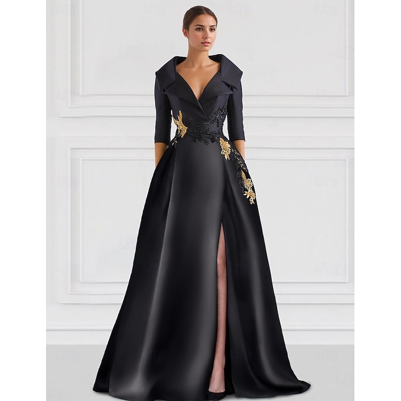 Black A-Line Evening Gown Elegant Dress Tuxedo Dress Formal Floor Length 3/4 Length Sleeve Shirt Collar Pocket Satin with Appliques dress to impress