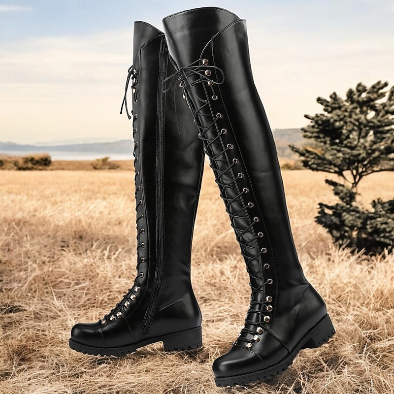 Women's Black Over-the-Knee Lace-Up Boots – Stylish High Faux Leather Boots with Rugged Sole for Outdoor and Fashion Occasions