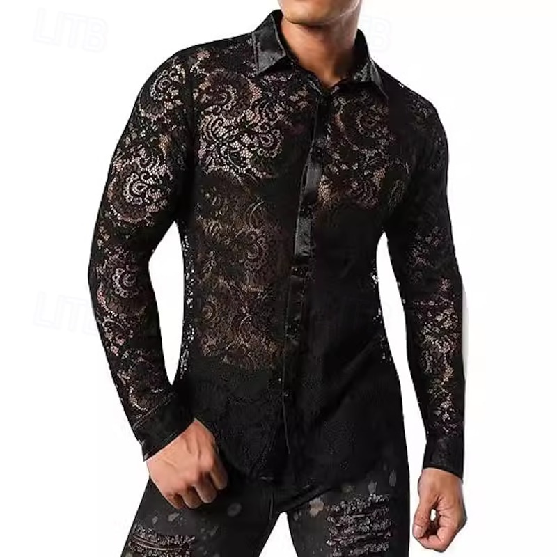 Men's Sheer Lace Button Down Shirt with Flower Design  Nightclub Party/Casual Wear2
