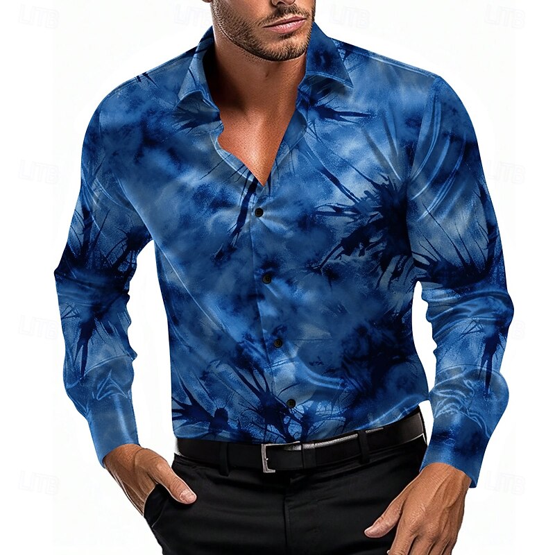 Men's Satin Shirt Button Up Shirt Tie Dye Vacation Party Evening Wear Black Blue Purple Long Sleeve Collared Shirts Summer Spring Clothing Apparel Button Up4