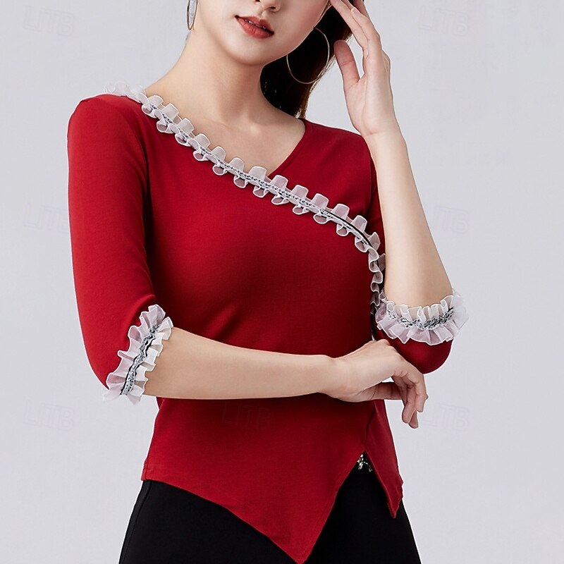 Latin Dance Top Pure Color Ruffle Splicing Women's Performance Training Half Sleeve High Polyester3