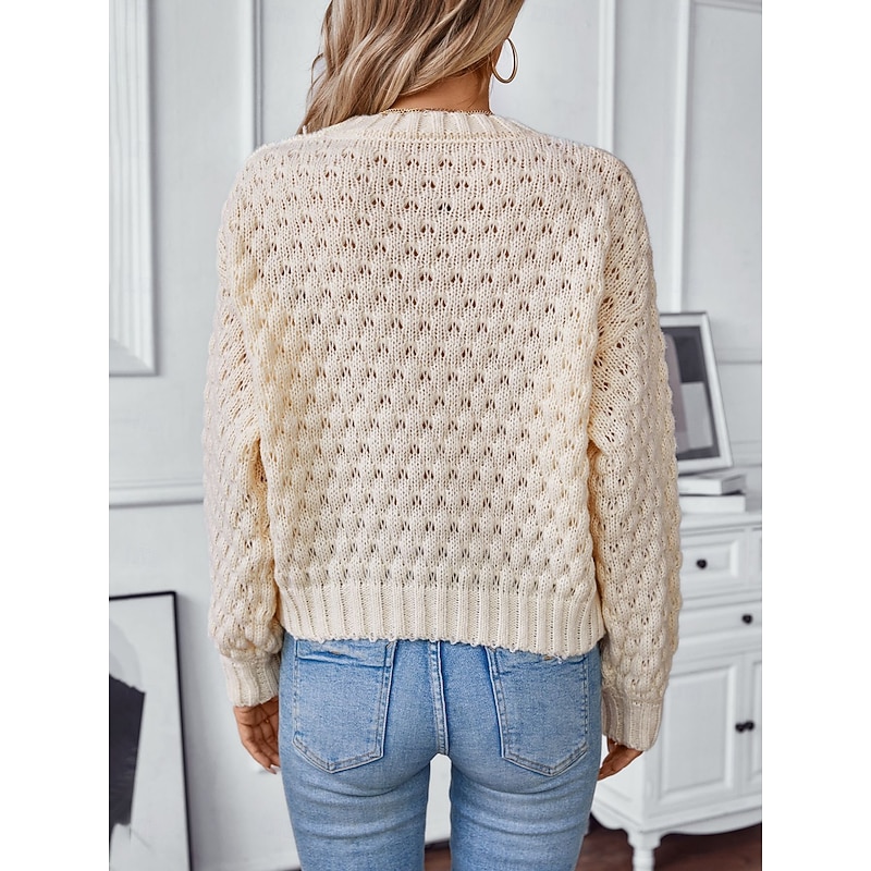 Women's Sweater Stylish Solid Color Chunky Crew Neck Braided Long Sleeve Long Tops Knit Work White Beige Fall Winter2