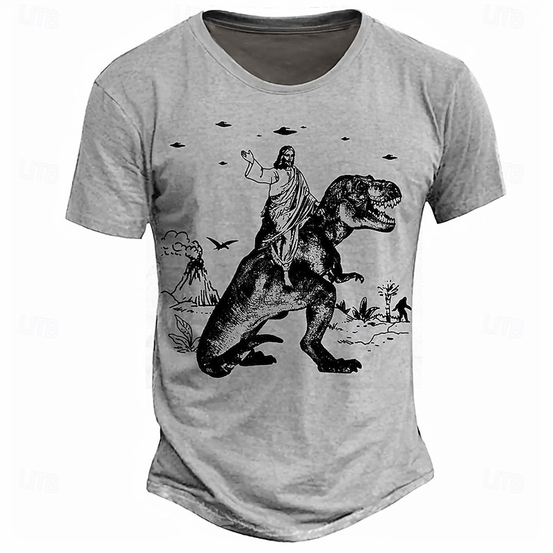Men's Funny Jesus Riding T-Rex Graphic T-Shirt with UFO & Bigfoot Print - Absurd Grey Short Sleeve