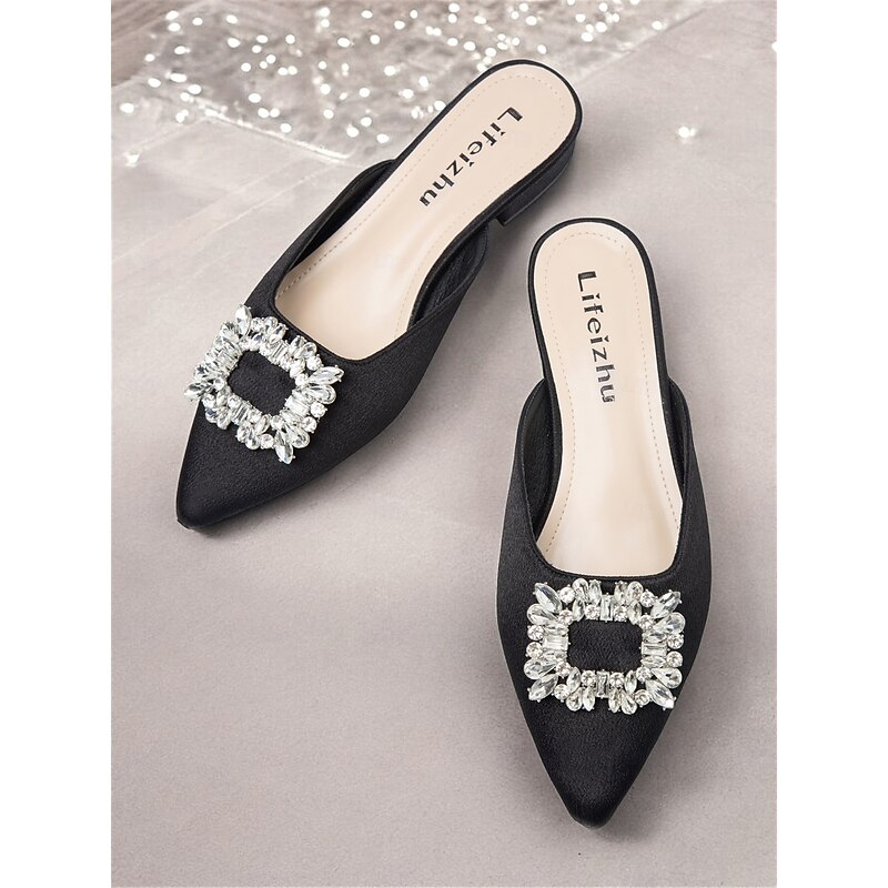 Women's Black Satin Pointed-Toe Mules with Rhinestone Buckle - Elegant Slip-On Flats for Evening and Formal Occasions