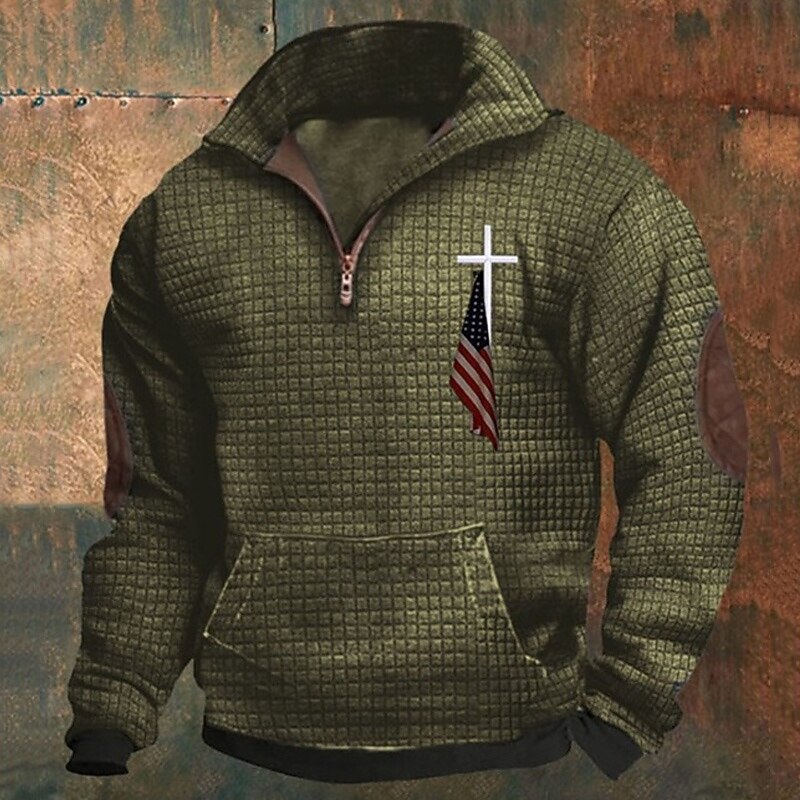 Men's Sweatshirt Waffle Sweatshirt Quarter Zip Sweatshirt Black Army Green Blue Dark Gray Half Zip Cross Print Sports & Outdoor Daily Holiday Polyester Streetwear Basic Casual Spring &  Fall Clothing4