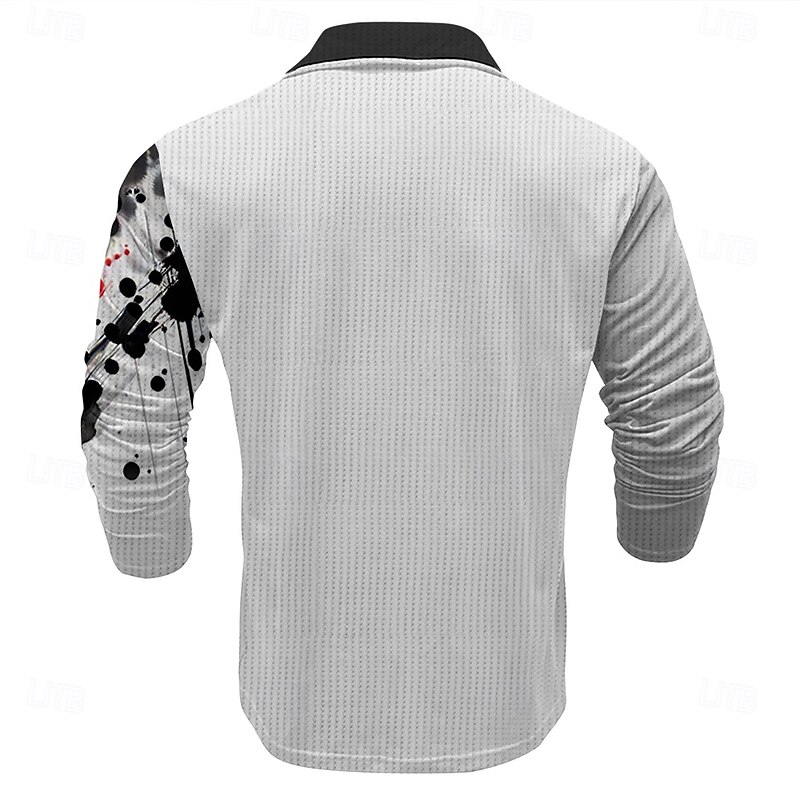 Men's Waffle Polo Shirts Golf Shirt Long Sleeve Polo Shirts Collared Shirts Casual Funny Vacation Wear Party Outfits Buttons 3D Print Summer White2