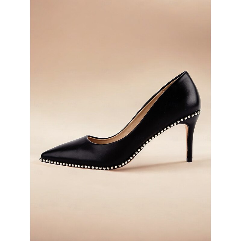 Women's Black Leather Stiletto Heels - Elegant Pointed-Toe Pumps with Pearl Trim for Weddings and Formal Occasions3