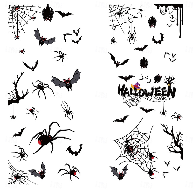 4 Sheets Halloween Window Cling Sticker Decals Decorations Double Side, Creative Spider Web Bat Static Stickers for Store Window Display and Halloween Decor3