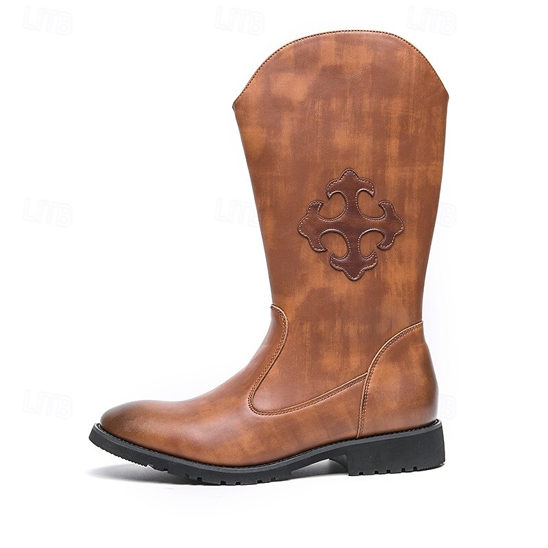 Men's Brown Western Cowboy Boots with Embossed Design and Side Zipper, Perfect for Outdoor and Casual Wear4