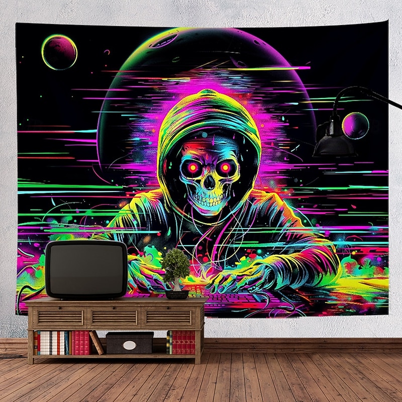 Halloween Blacklight Tapestry UV Reactive Glow in the Dark Glow Party Neon DJ Skulls Trippy Misty Hanging Tapestry Wall Art Mural for Living Room Bedroom4