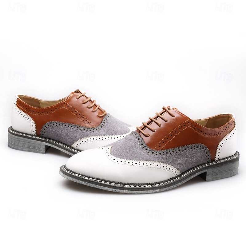 Men's Gatsby-Inspired Wingtip Spectator Oxford Shoes in White, Suede Grey, and Brown, Vintage Brogue Leather Dress Shoes for 1920s Wedding, Jazz Garden Party, and Formal Events 11
