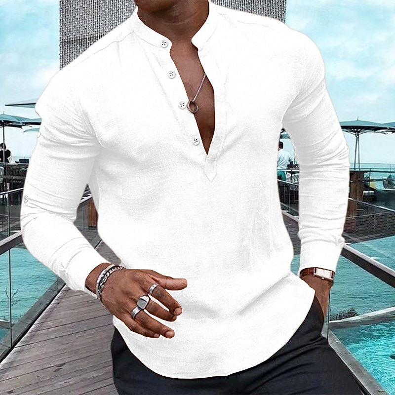 Men's Shirt Linen Shirt Popover Shirt Summer Shirt Beach Wear Casual Shirt Plain Vacation Casual Black White Pink Navy Blue Long Sleeve Henley Spring & Summer Clothing Apparel3