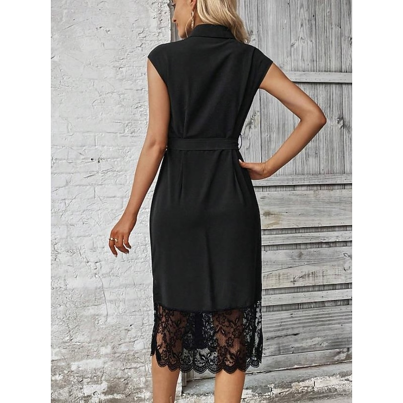 Women's Midi Dress Black Dress Cocktail Dress Formal Dress Plain Dress Casual Street Date Regular Fit Plain Sleeveless Shirt Collar Black Summer Spring2