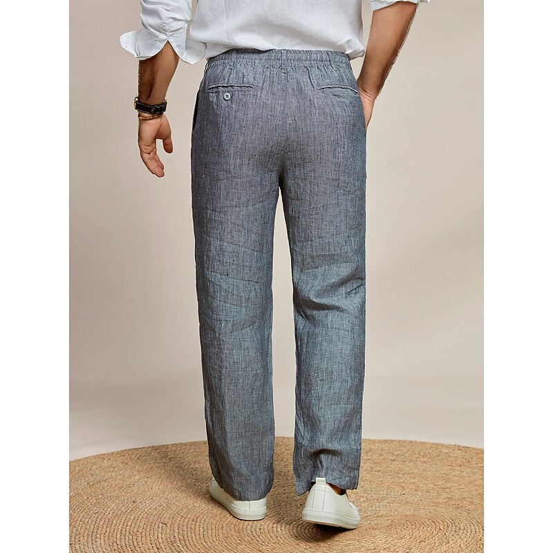 Men's 100% Linen Pants Trousers Casual Pants Drawstring Elastic Waist Straight Leg Plain Comfort Breathable Casual Daily Holiday Fashion Classic Style Dark Gray2