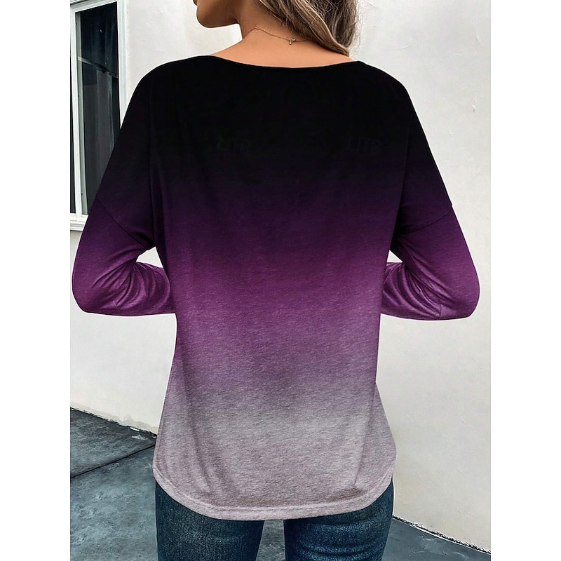 Women's T shirt Crew Neck Long Sleeve Tunic Color Gradient Casual Round Neck Regular Tops Daily Weekend Print Red Blue Purple Gray Spring & Fall2