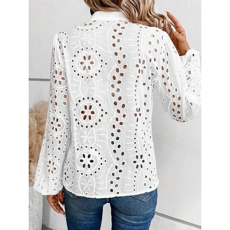 Women's Blouse Cotton Elegant Stylish Modern Solid Color Embroidered Hollow Out Lantern Sleeve Long Sleeve Regular Tops V Neck Daily White Spring Fall Winter4