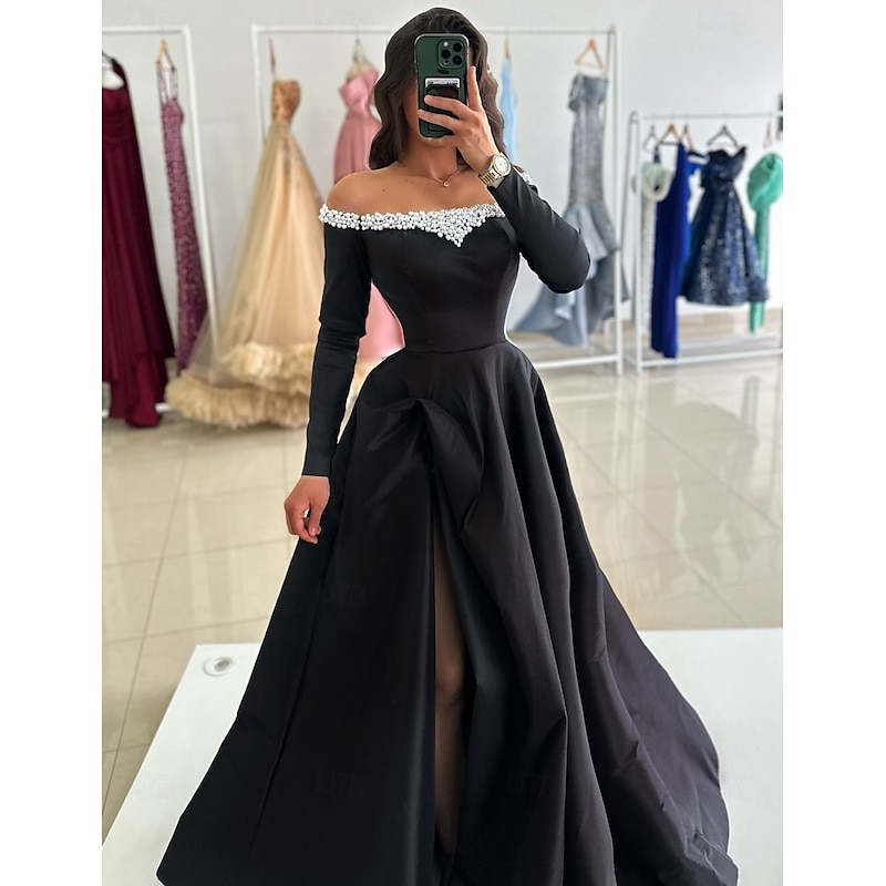 A-Line Evening Gown Elegant Dress Formal Floor Length Long Sleeve Off Shoulder Pocket Satin with Pearls