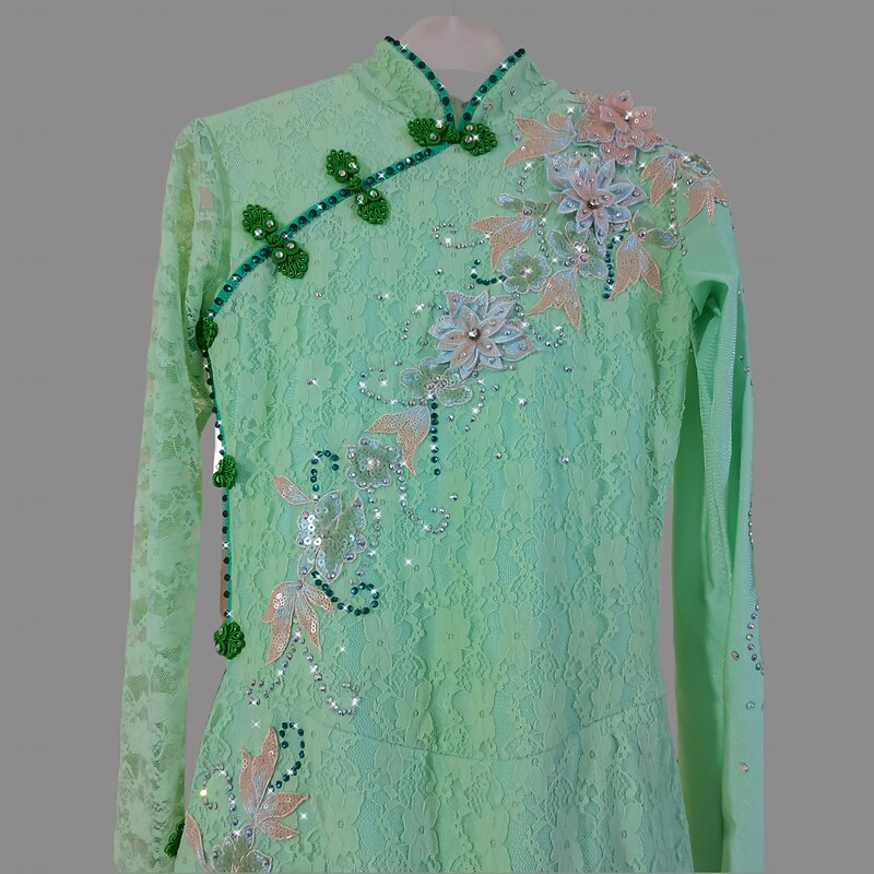 Figure Skating Dress Women's Girls' Ice Skating Dress Green Patchwork Mesh Spandex Lace Stretchy Training Practice Professional Skating Wear Thermal Warm Classic Crystal / Rhinestone Long Sleeve Ice4