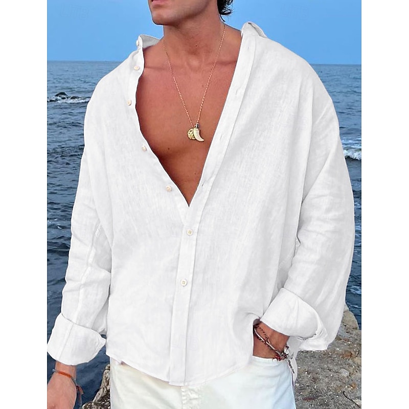 Men's Shirt Linen Shirt Summer Shirt Beach Wear Button Up Shirt Plain Vacation Casual Black White Pink Blue Long Sleeve Lapel Spring & Summer Clothing Apparel4
