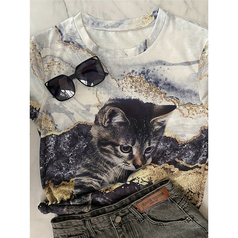Women's T Shirt Casual Print Short Sleeve Regular Tops Daily Gray Summer3