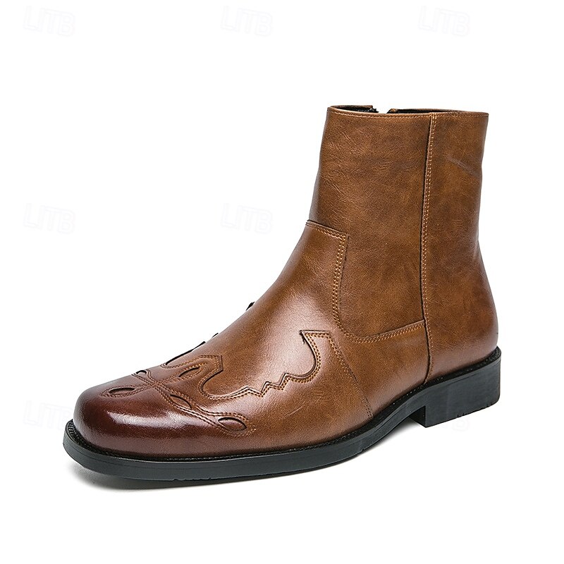 Men's Brown Faux Leather Western Boots with Unique Toe Embroidery, Classic Style for Ranch and Casual Wear4
