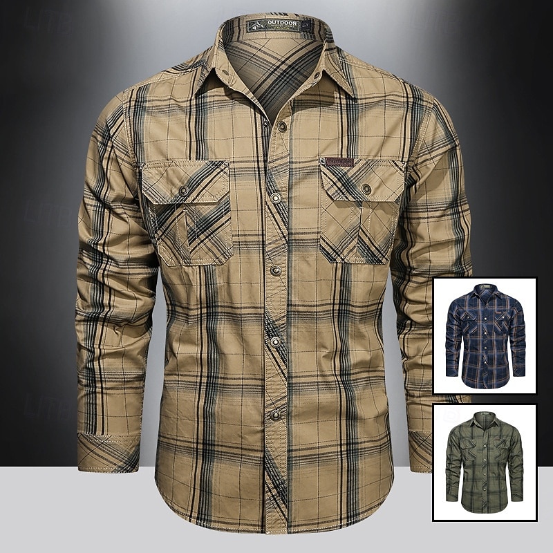 Men's Shirt Workwear Shirts Casual Shirt Work Shirt Button Up Shirt khaki Army Green Dark Blue Long Sleeve Plaid Lapel Vacation Holiday Front Pocket Clothing Apparel Polyester Fashion Casual