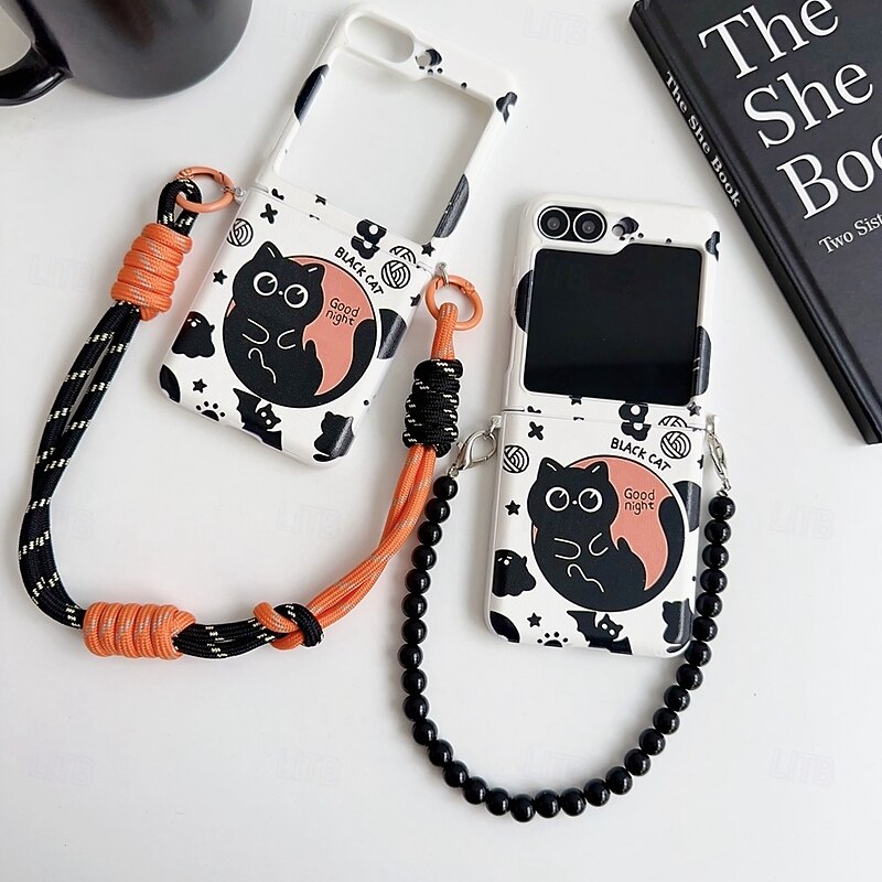 Phone Case For Samsung Galaxy Z Flip 7 Z Flip 6 Z Flip 5 Z Flip 4 Z Flip 3 Back Cover with Wrist Strap Shockproof Cartoon Cat TPU PC
