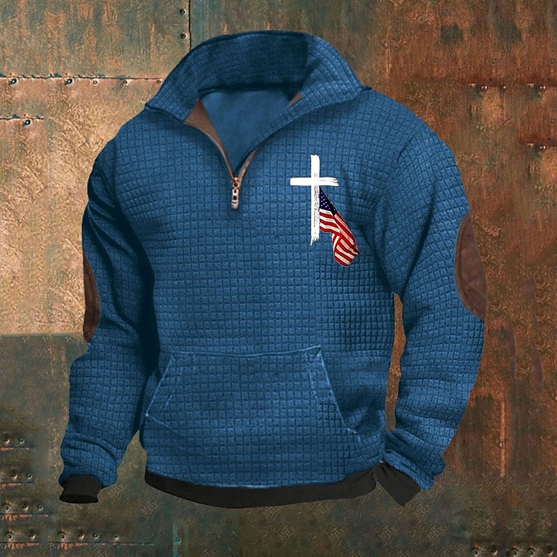 Men's Sweatshirt Waffle Sweatshirt Quarter Zip Sweatshirt Royal Blue Dark Gray Half Zip Letter Print Ribbed Textured Sports & Outdoor Daily Holiday Polyester Streetwear Basic Casual Spring &  Fall2