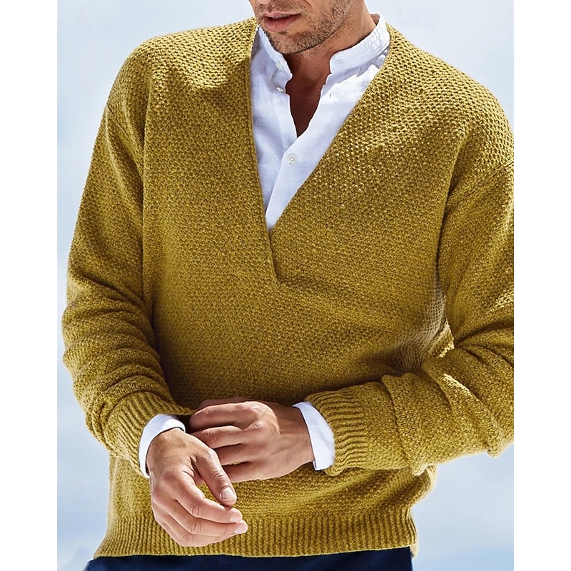 Men's Pullover Sweater Jumper Dress Sweater Knit Sweater Ribbed Knit Regular Knitted Plain V Neck Fashion Basic Daily Wear Date Clothing Apparel Fall & Winter caramel Black S M L2