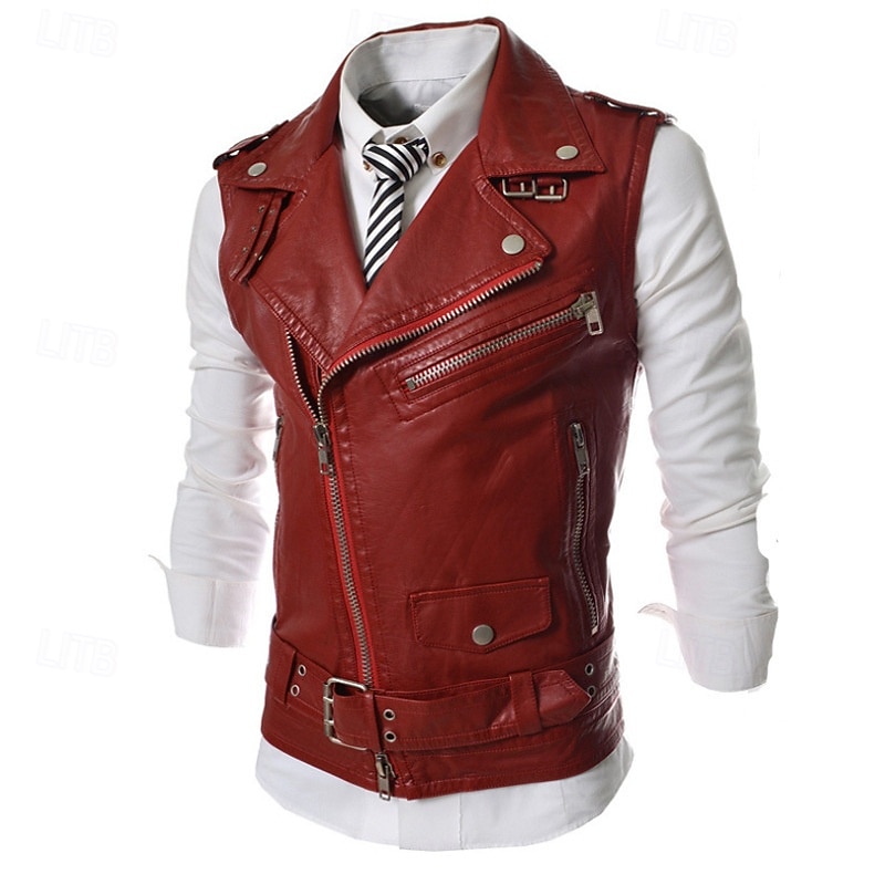 Men's Vest Gilet Leather Vest Daily Date Vacation Fashion Casual Spring &  Fall Pocket Polyester Comfortable Plain Zipper Lapel Regular Fit Black White Red Vest