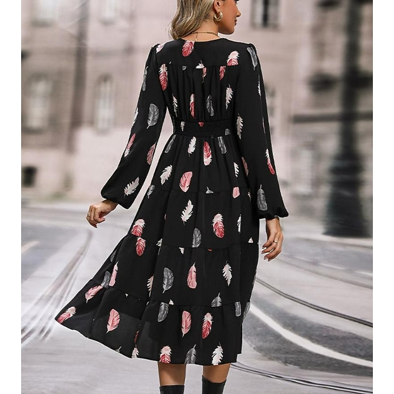 Women's Feather Print V Neck Midi Dress 3/4 Length Sleeve Spring Fall4