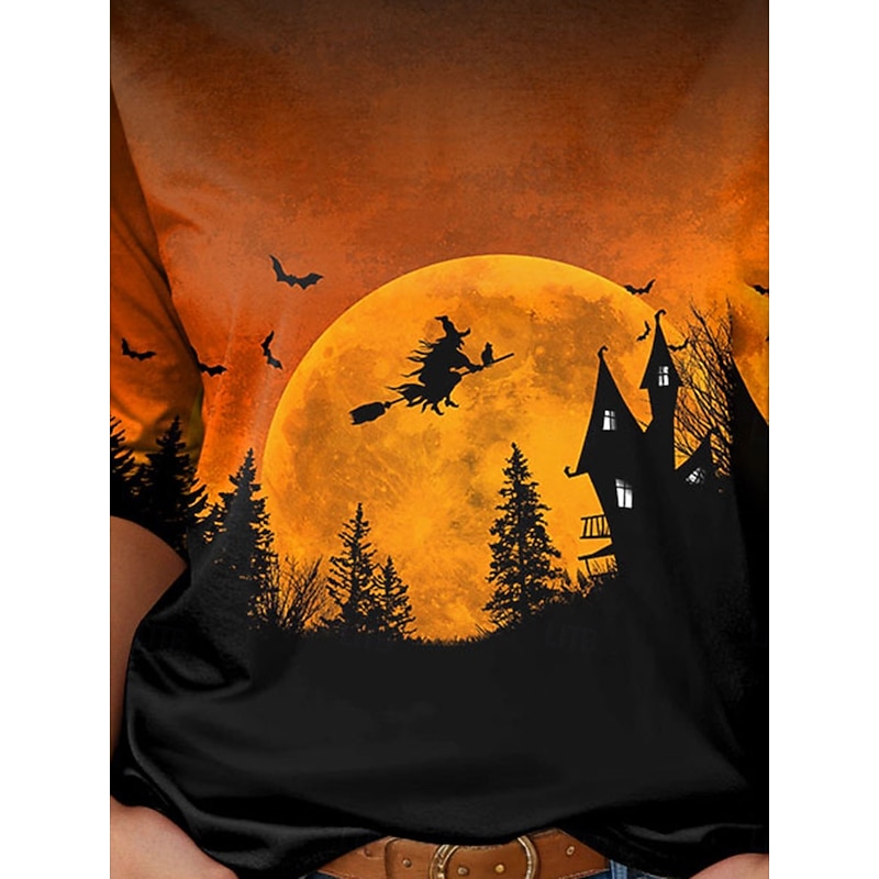 Halloween Women's T shirt Witch Long Sleeve Crew Neck Long Sleeve Tunic Tee Daily Casual Orange Spring Fall Prefall3