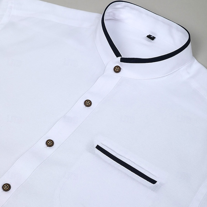 Men's Shirt Band Collar Shirt Dress Shirt Oxford Shirt Button Up Shirt Patchwork Wedding Vacation Light Blue White Navy Blue Gray Long Sleeve Standing Collar Spring & Summer Clothing Apparel Front3