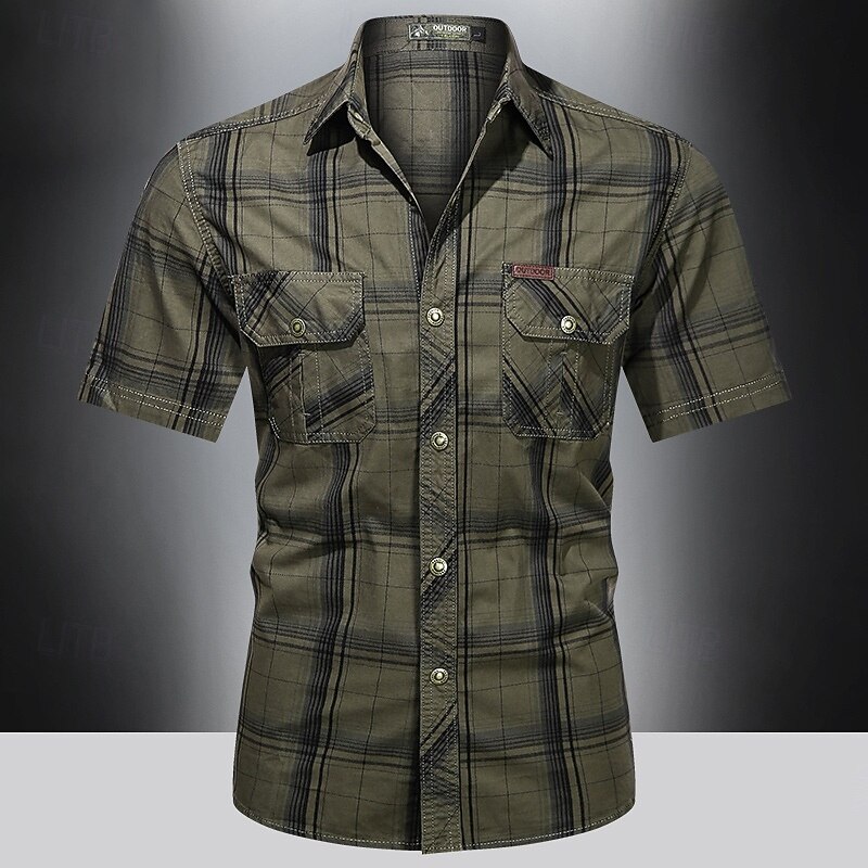 Men's Shirt Workwear Shirts Work Shirt Button Up Shirt Cargo Shirt khaki Army Green Dark Blue Short Sleeve Plaid Lapel Vacation Holiday Front Pocket Clothing Apparel Polyester Fashion Casual3