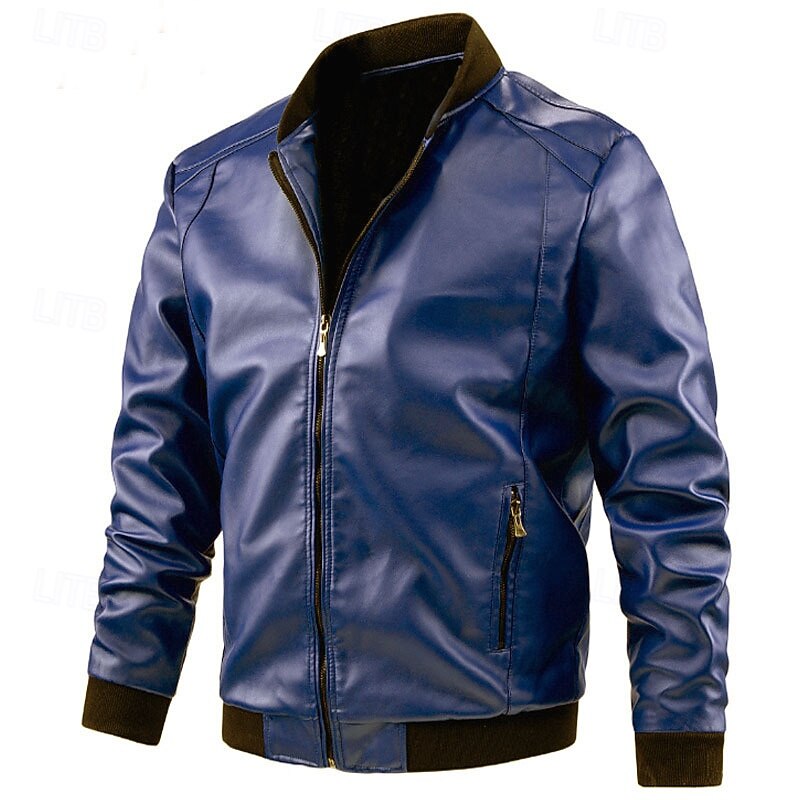 Men's Faux Leather Jacket Biker Jacket Patent Leather Jacket Daily Vacation Windproof Warm Pocket Fall & Winter Plain Fashion Classic Stand Collar Regular Faux Leather Black Yellow Dark Blue Jacket2