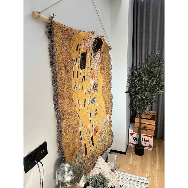 Jacquard Woven with Tassel Hanging Tapestry Wall Art Large Tapestry Mural Decor Photograph Backdrop Blanket Curtain Home Bedroom Living Room Decoration Klimt The Lover2