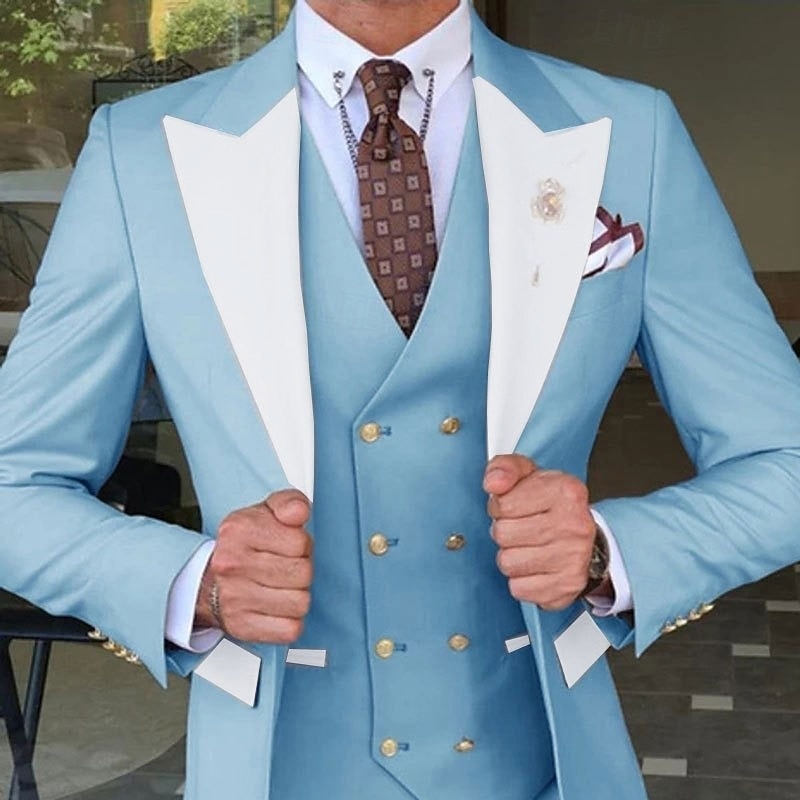 Men's Wedding Party Suits Closure collar Yellow Royal Blue Solid Colored Standard Fit 3 Piece Single Breasted One-button2