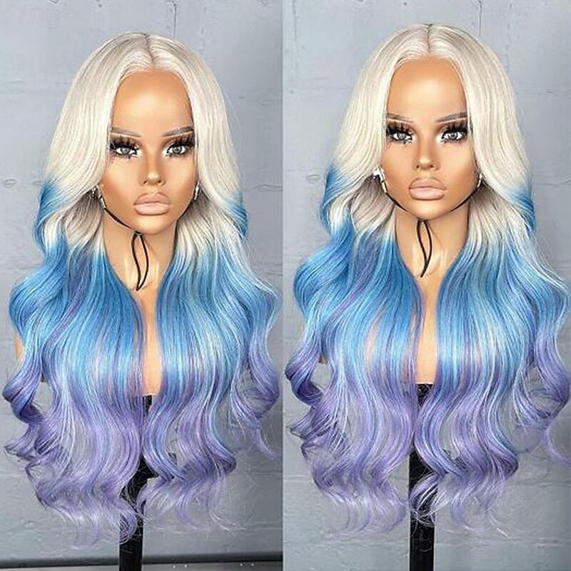 Remy Human Hair 13x4 Lace Front Wig Layered Haircut Brazilian Hair Wavy Multi-color Wig 130% 150% Density with Baby Hair Color Gradient Ombre Hair Glueless For Women Long Human Hair Lace Wig