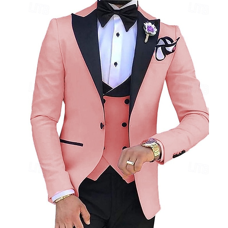 Men's Wedding Party Suits Peak White Pink Solid Colored Tailored Fit 3 Piece Single Breasted One-button