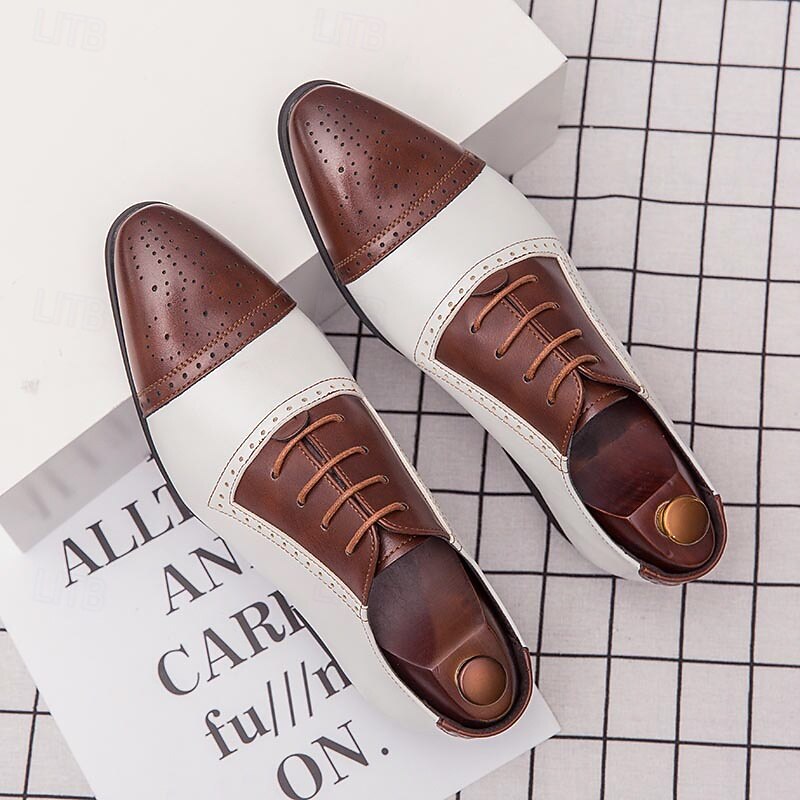 Men's Two-Tone Faux Leather Oxford Shoes - Classic Brown and White Brogue Design, Perfect for Formal Occasions2