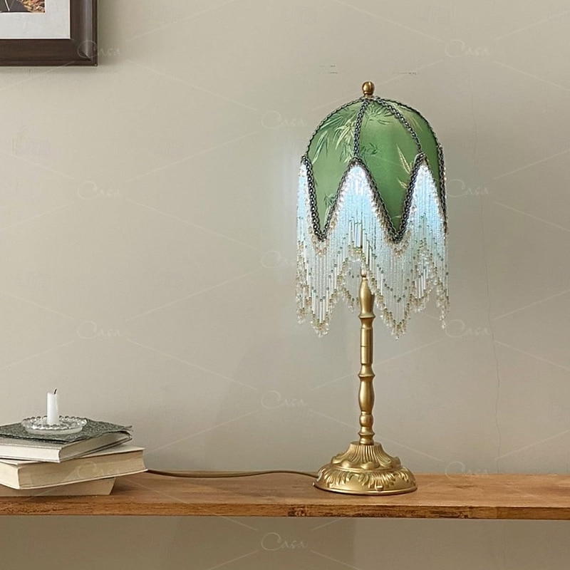 LED Table Lamp 3-Color Light Source Tassel Retro Fabric Bedside Lamp Premium Classic Victorian Style Nightstand Lamp with Beaded Fringe Trim for Bedroom Study 110-240V3