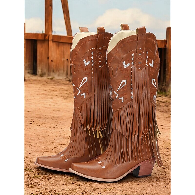 Women's Brown Fringe Western Cowboy Boots with Tribal Patterns - Fashionable Faux Leather Riding Boots for Casual Wear and Country-Themed Events3